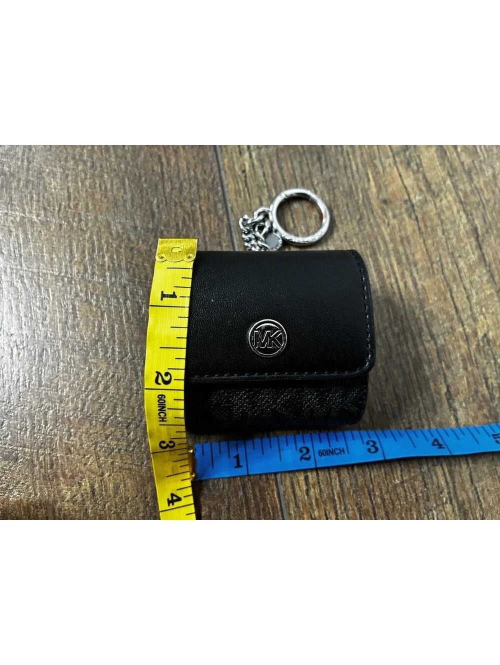 Michael Kors Black Signature AirPods Case Charm Keychain Leather Pouch Silver MK
